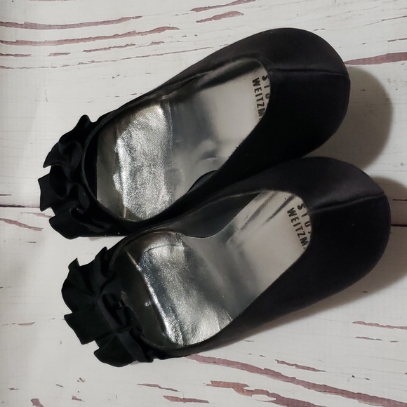 Stuart Weitzman black satin open open toe with ruffle bow high heels size 8.5 - Picture 5 of 8